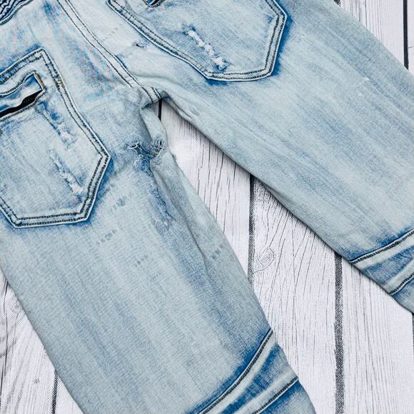 Men’s Balmain Light Blue Destroyed And Ribbed Biker Jeans Size 32x33 - Picture 4 of 9